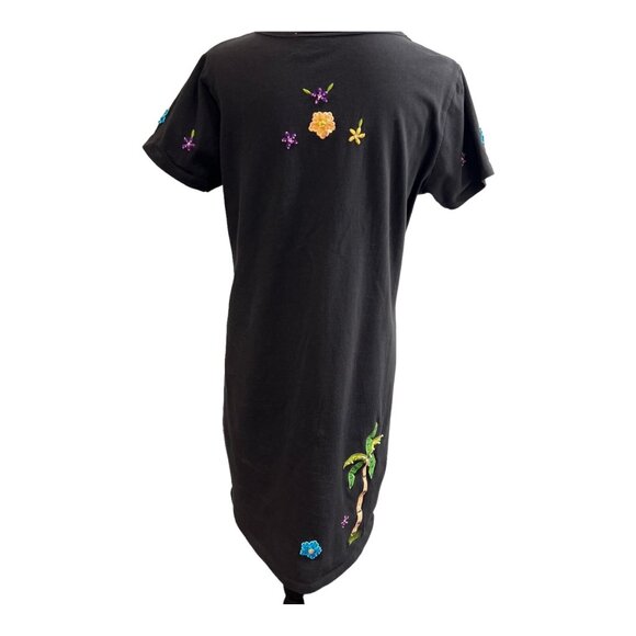 Pushpa TShirt Dress Women M Black Embroidered Beaded Flamingo Palm Tree Vacation - Picture 4 of 8